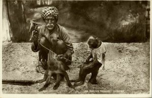 india, Native Juggler Juggling, Monkey Trainer (1930s) RPPC Postcard