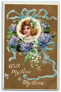 1908 Cute Little Girl Purple Flowers Embossed Davenport Iowa IA Antique Postcard