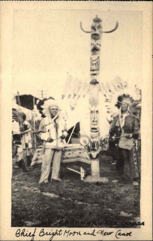 Caughnawaga Quebec Native Americana Chief Bright Moon Totem Pole c1940s Postcard
