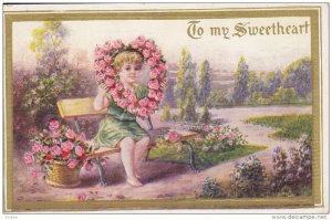 To my Sweetheart, Girl sitting on bench holding heart shaped rose wreath, gol...