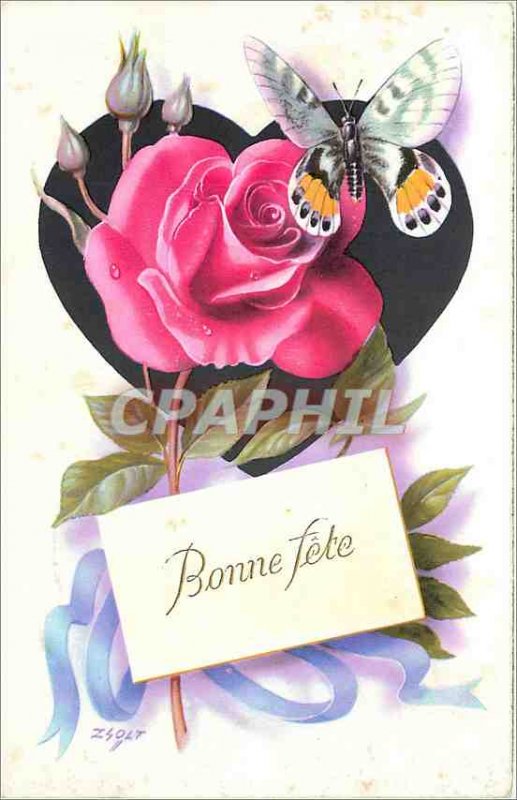 Old Postcard Bonne Fete Flower Butterfly