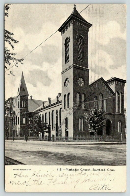 Stamford Connecticut~Methodist Church~Square Tower~1907 B&W Postcard