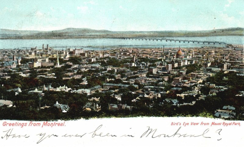 Vintage Postcard Bird's Eye View From Mount Royal Park Montreal Canada Greetings