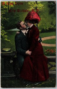 1912 A Kiss From New Bremen French Couple Romance & Love Posted Postcard