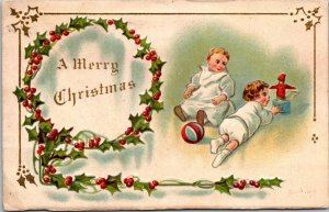 Merry Christmas With Holly and Children 1912
