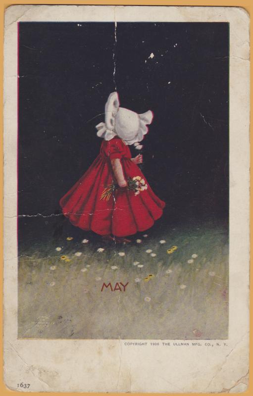 MAY Little girl holding spring flowers, 1908, Ullman MFG., American Months