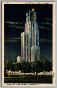 Postcard Pittsburgh PA c1939 Cathedral of Learning at Night Pitt Univeristy