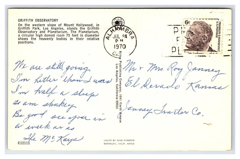 Griffith Observatory Los Angeles California c1970 Postcard
