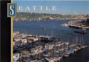 US9 WA Seattle Lake Union marina and Mount Rainier fishing boats