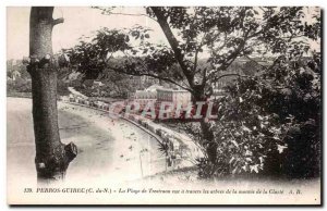 Old Postcard Perros Guirec Beach Trestraou view through the trees of the buil...