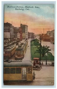 Shattuck Ave Berkeley CA Postcard Business Section Electric Trains Trolleys