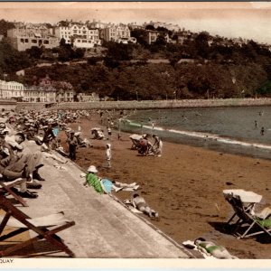 c1930s Torquay England Postcard Tor Abbey Sands Beach Crowd Tinted People Resort