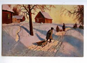 224054 RUSSIA Germashev Winter joy #135 sled vintage postcard