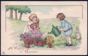Happy Easter Children Flowers Rabbits used c1921