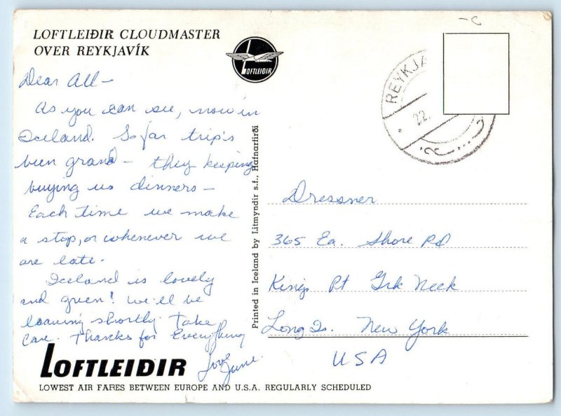 Iceland Postcard Loftleidir Cloudmaster Over Reykjavik Airplane c1950's