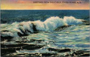 Vtg 1930s Greetings from Great Kills Staten Island New York NY Linen Postcard