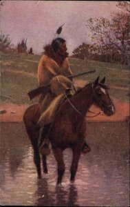 Native American Indian on Horse with Rifle Gun c1910 Vintage Postcard