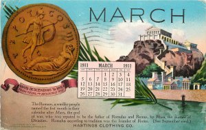 Mitchell Postcard Calendar March 1911 Mars Descending to Rhea Hastings Clothing