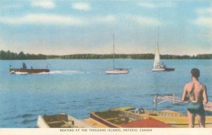 Ontario Canada Boating at the Thousand Islands, Boats, Man Chrome Postcard