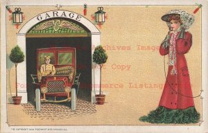 Art Nouveau, P Schmidt No 48, Woman Waiting on Auto Coming Out of Garage