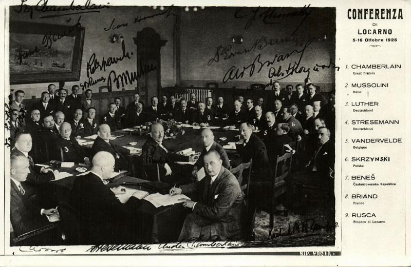 Conference Locarno Treaties, Mussolini, Chamberlain, Luther (1925) RPPC