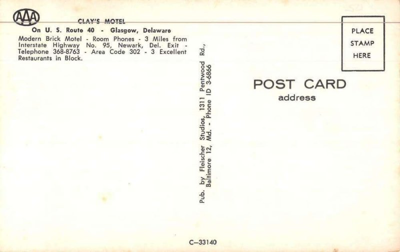 Glasgow Delaware Clay's Motel Vintage Postcard AA36831