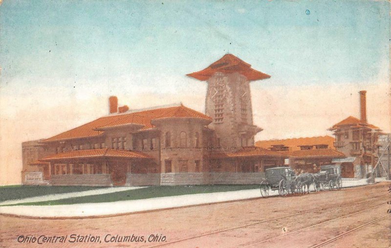 OHIO CENTRAL STATION COLUMBUS OHIO TRAIN DEPOT POSTCARD 1908 