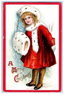 1910 Christmas Santa Girl Handwarmer Clapsaddle Embossed San Jose CA Postcard