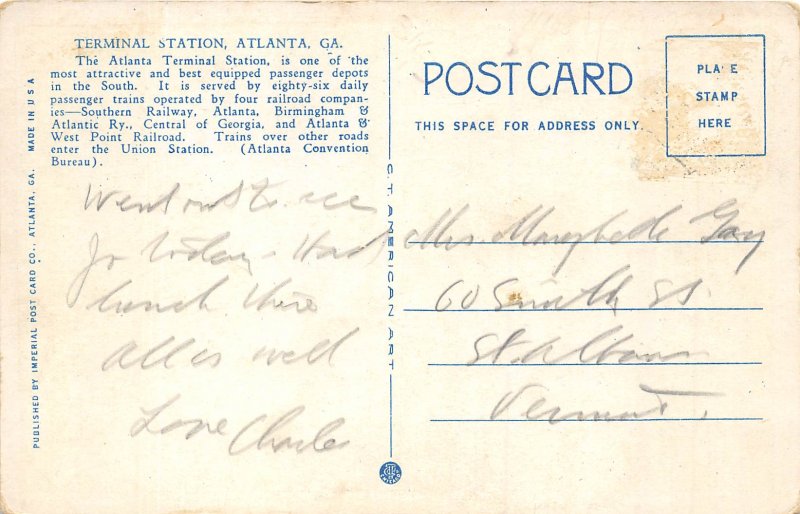 Atlanta Georgia 1930s Postcard Railroad Terminal by Night