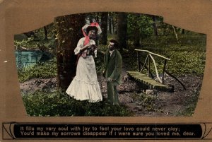 VINTAGE POSTCARD ROMANTIC COUPLE BESIDE TREE PRINTED IN SAXONY GERMANY FOIL