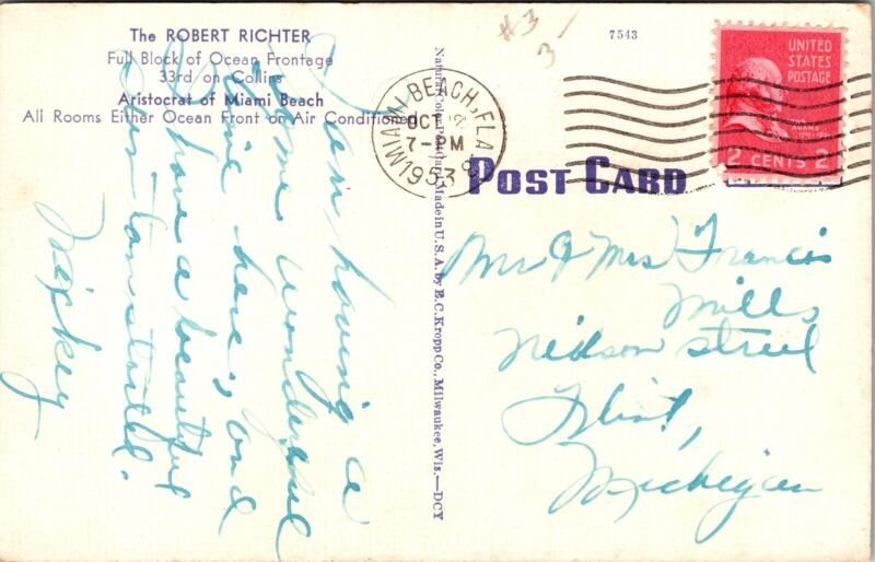 Robert Richter Aristocrat Miami Beach FL Florida Postcard Cancel PM WOB Note VTG