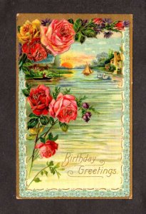 Vintage Birthday Greetings Sailboat Pink Roses Flowers Postcard Embossed