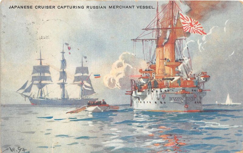 Lot 32 japanese cruiser capturing russian merchant vessel ship military  uk war