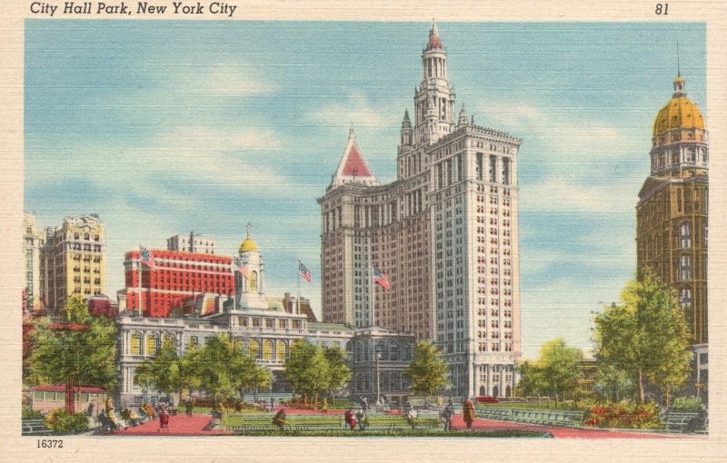 Vintage Postcard City Hall Park Skyscrapers Buildings Towers New York City NY