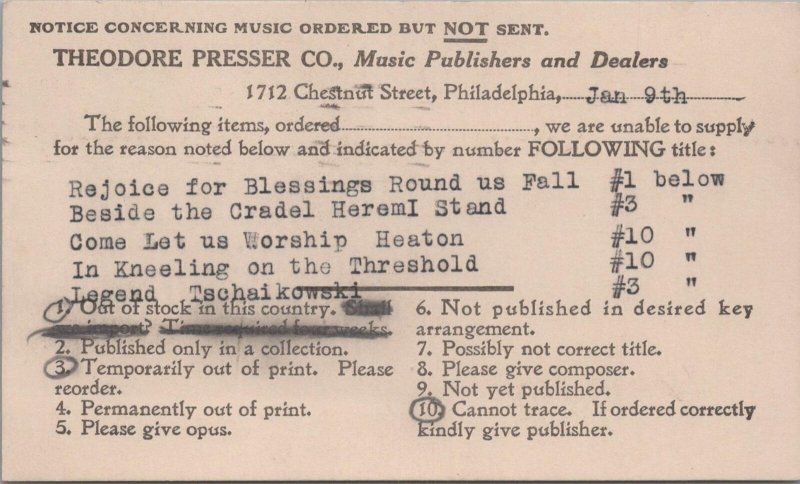 Postcard Theodore Presser Music Publishers Dealers Philadelphia PA 1920