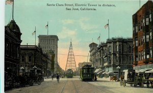 Postcard C-1910 California San Jose Santa Clara trolleys electric tower CA24-432