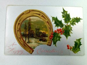 Vintage Postcard A Happy Christmas Horseshoe Winter Home Scene Embossed