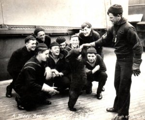 RPPC WWI Battleship Sailors With Bear Mascot Real Photo Postcard