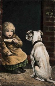 Cute Dog Eyes Little Girl's Food Anxious Moments c1910 Vintage Postcard