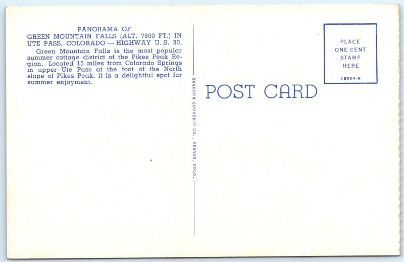 c1940s Green Mountain Falls CO Postcard Ute Pass Highway 24 Pikes Peak A403