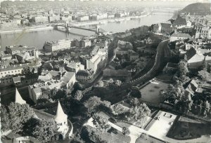 Postcard Hungary Budapest aerial view from Matthias church Danube Buda castle