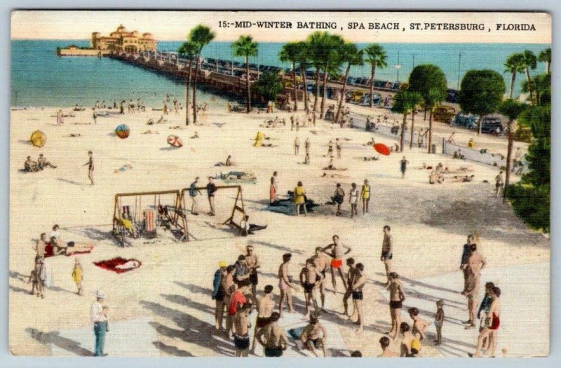 MID WINTER BATHING*SPA BEACH*ST PETERSBURG FLORIDA*PIER*VINTAGE LINEN POSTCARD