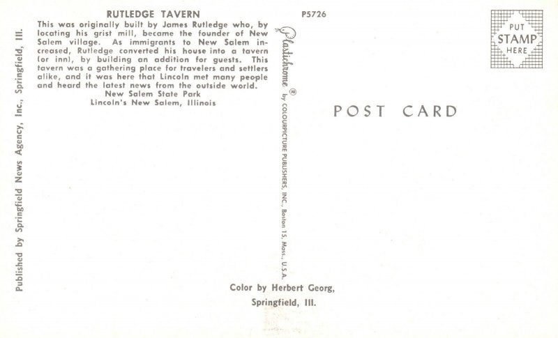 New Salem Illinois ILL, Rutledge Tavern Lincoln's State Park, Vintage Postcard