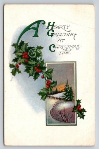 Vintage Christmas Postcard Holly Berries Winter Scene Durham Co Pink Perfection