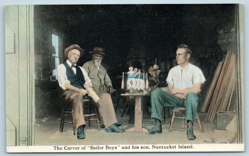 Postcard MA Nantucket Island The Carver of Wood Sailor Boys & His Son c1920s U02