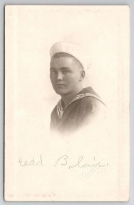 Handsome Sailor in Uniform RPPC Edd Blain Studio Portrait Postcard F30