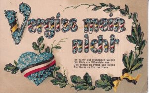 Greetings 1911 Forget-Me-Not Flowers Heart Leaves Flag Glitter Embossed postcard