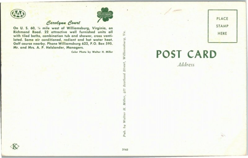 Carolynn Court Motel Williamsburg VA Vintage Postcard D04