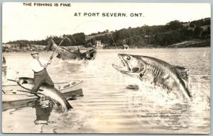 PORT SEVERN ONT. CANADA FISHING EXAGGERATED VINTAGE REAL PHOTO POSTCARD RPPC