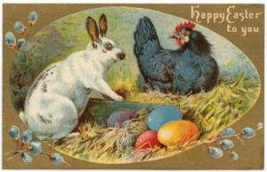 Easter Greetings PC, Hen and Rabbit, Colored Eggs